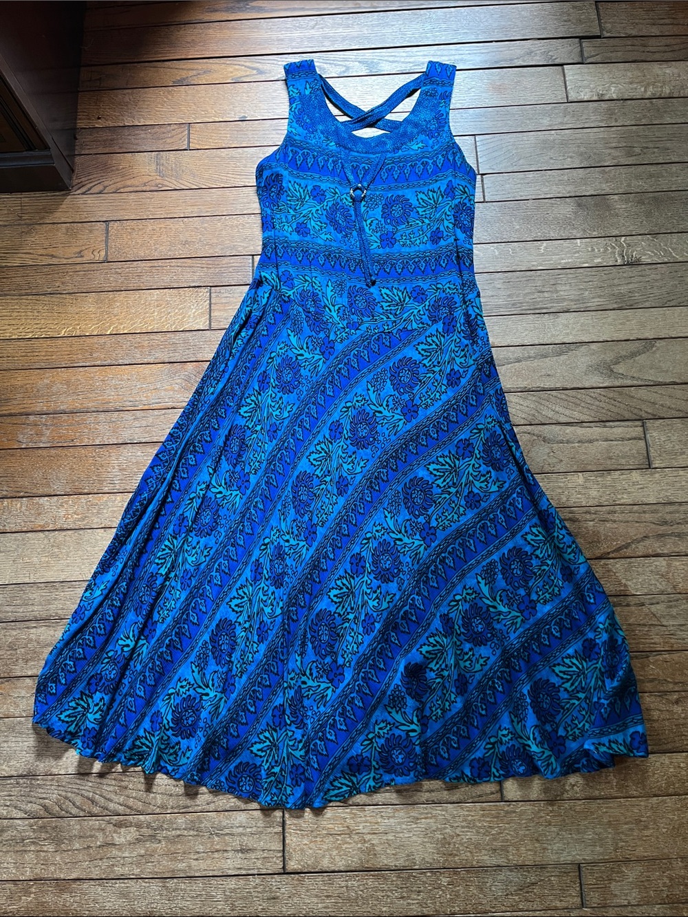 Carole Little Blue Floral Maxi Dress with Crisscross Straps
